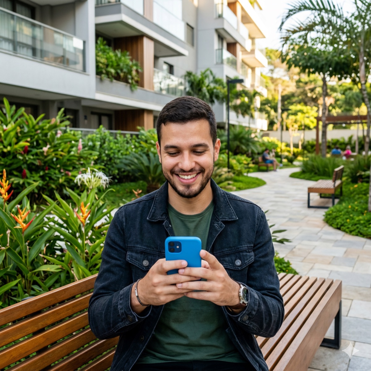 Morador sorrindo com o celular no jardim do condomínio
