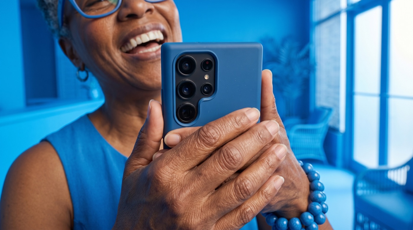 Moradora sorrindo enquanto usa o celular na área comum do condomínio